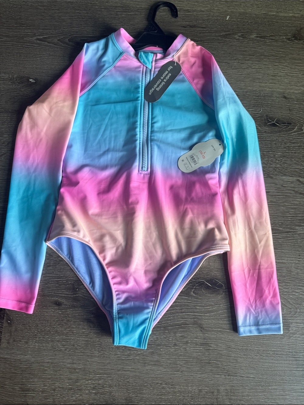 wonder nation Girls Long-Sleeve Ombre One-Piece Swimsuit - Pink, Blue & Peach